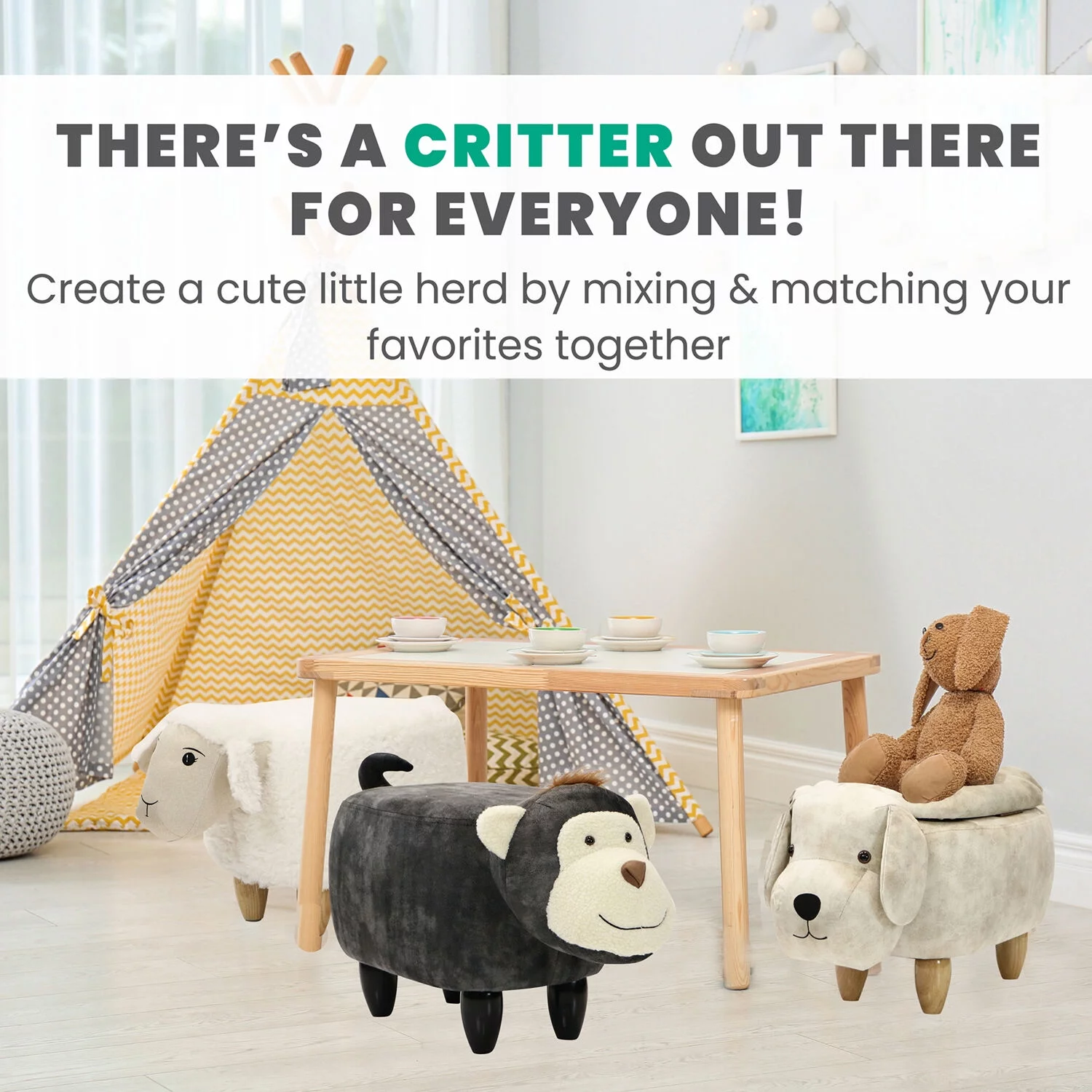 Critter Sitters 15-In. Seat Height Black-White Cow Animal Shape Storage Ottoman - Furniture for Nursery, Bedroom, Playroom, Living Room Decor