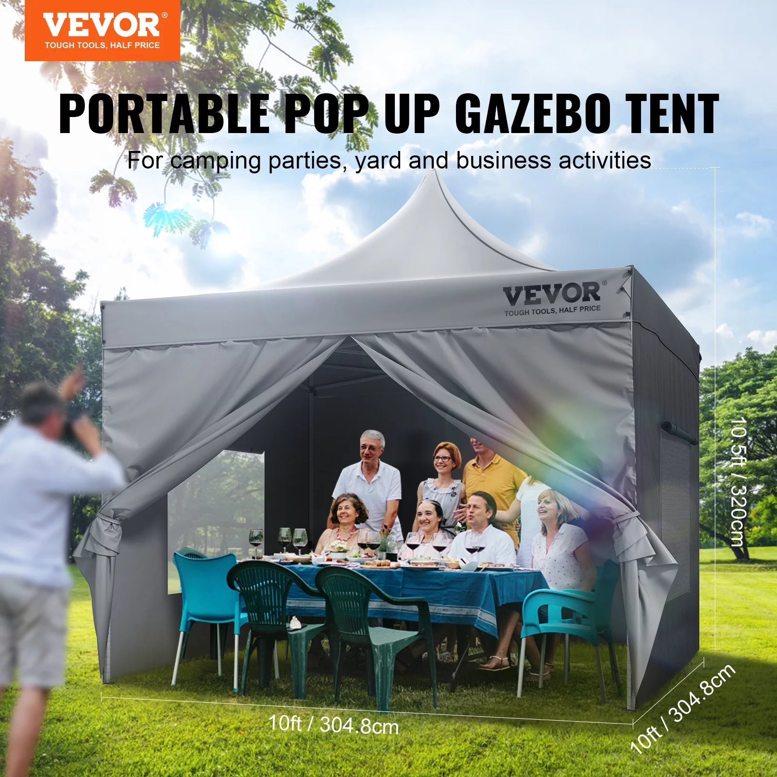 SKYSHALO 10x10 FT Pop up Canopy Tent with Removable Sidewalls, Outdoor Instant Canopies Portable Gazebo & Wheeled Bag, UV Resistant Waterproof, Enclosed Canopy Tent