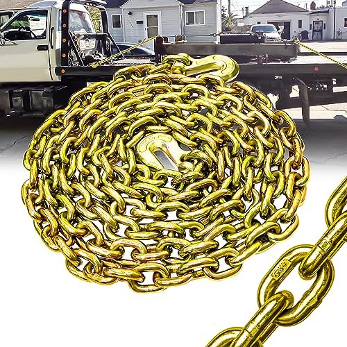 G80 Transport Binder Chain 5/16 Inch x 20 Foot | Tow Chain with Clevis Grab Hooks | 4,900 lbs Safe Working Load | Heavy Duty Chain for Transporting Towing (5/16'' x 20FT (Yellow Zinc))