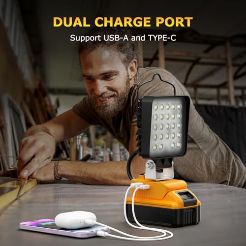 2 Pcs Cordless LED Work Light for Dewalt 20v Max Battery, 90W 9600LM Battery Light for Dewalt 20v Tools, Portable Outdoors Flood Lighting with USB & Type-C Charging Port, Low Voltage Protection