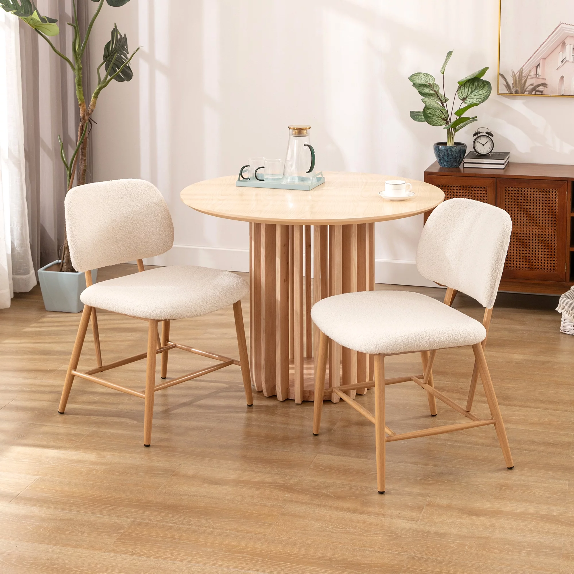 ONEVOG Teddy Upholstered Dining Chairs Set of 2, Mid Century Modern Sherpa Kitchen Chairs with Metal Legs, Cozy Accent Side Chairs