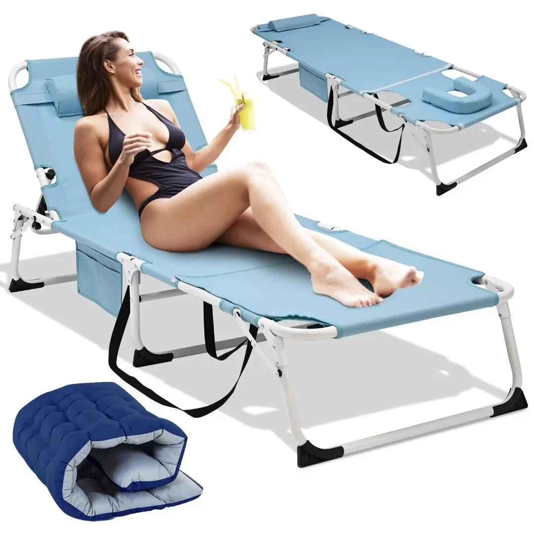 Docred Lounge Chair for Outdoor,Adjustable 5-Position Folding Chaise Lounge Chairs W/Face & Arm Holes,Tanning Chair with Mattress and Pillow for Sunbathing, Camping, Pool, Beach, Patio