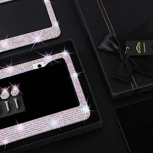 Bling License Plate Frames with High End Ribbon Gift Box,2 Pack Rhinestone License Plate Frame,Handcrafted Crystal Premium Stainless Steel Bling License Plate Frame for Women,Birthday