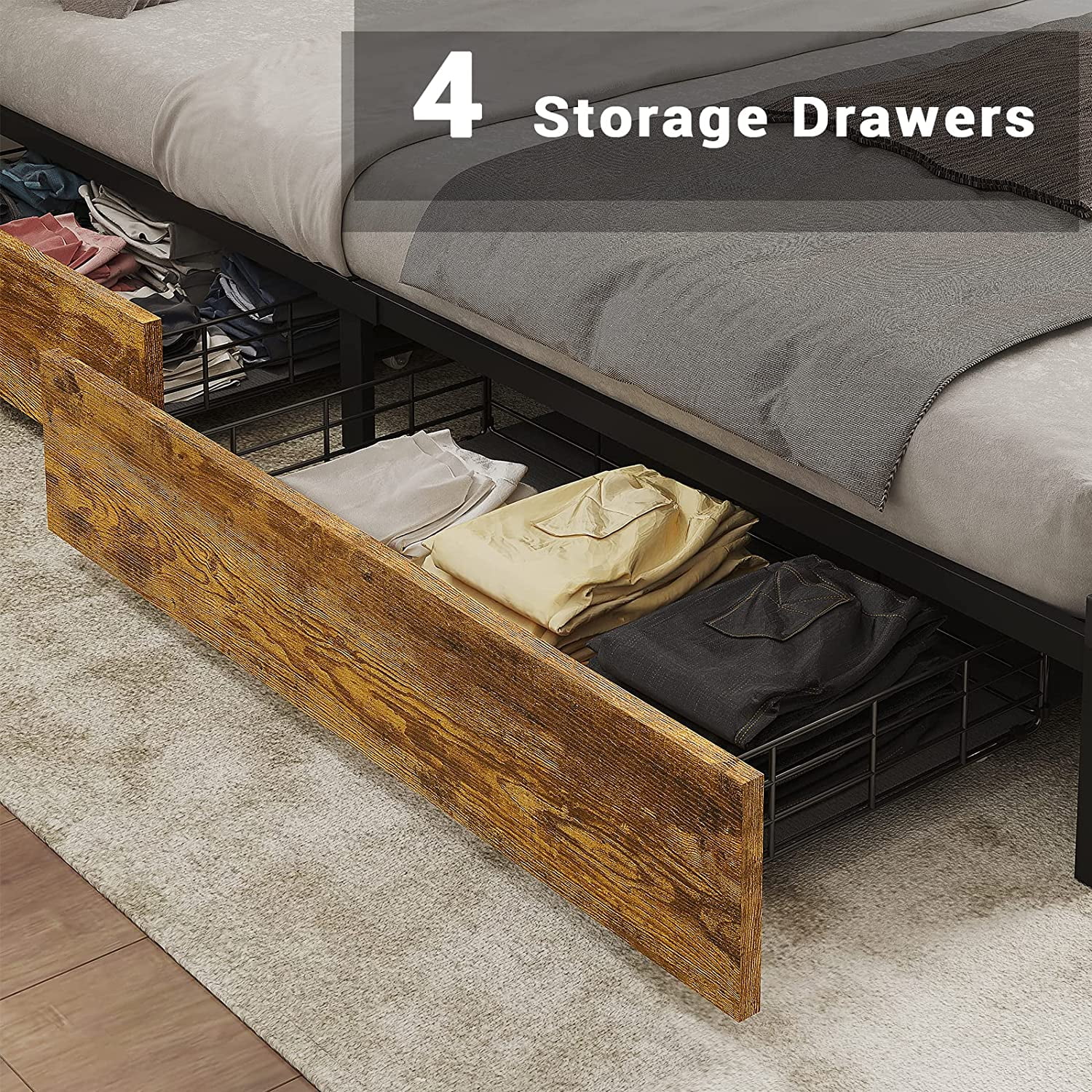 EPHEX LED Queen Bed Frame with  Headboard and Drawers, Metal Platform Bed with Outlets and USB Ports, Vintage Brown