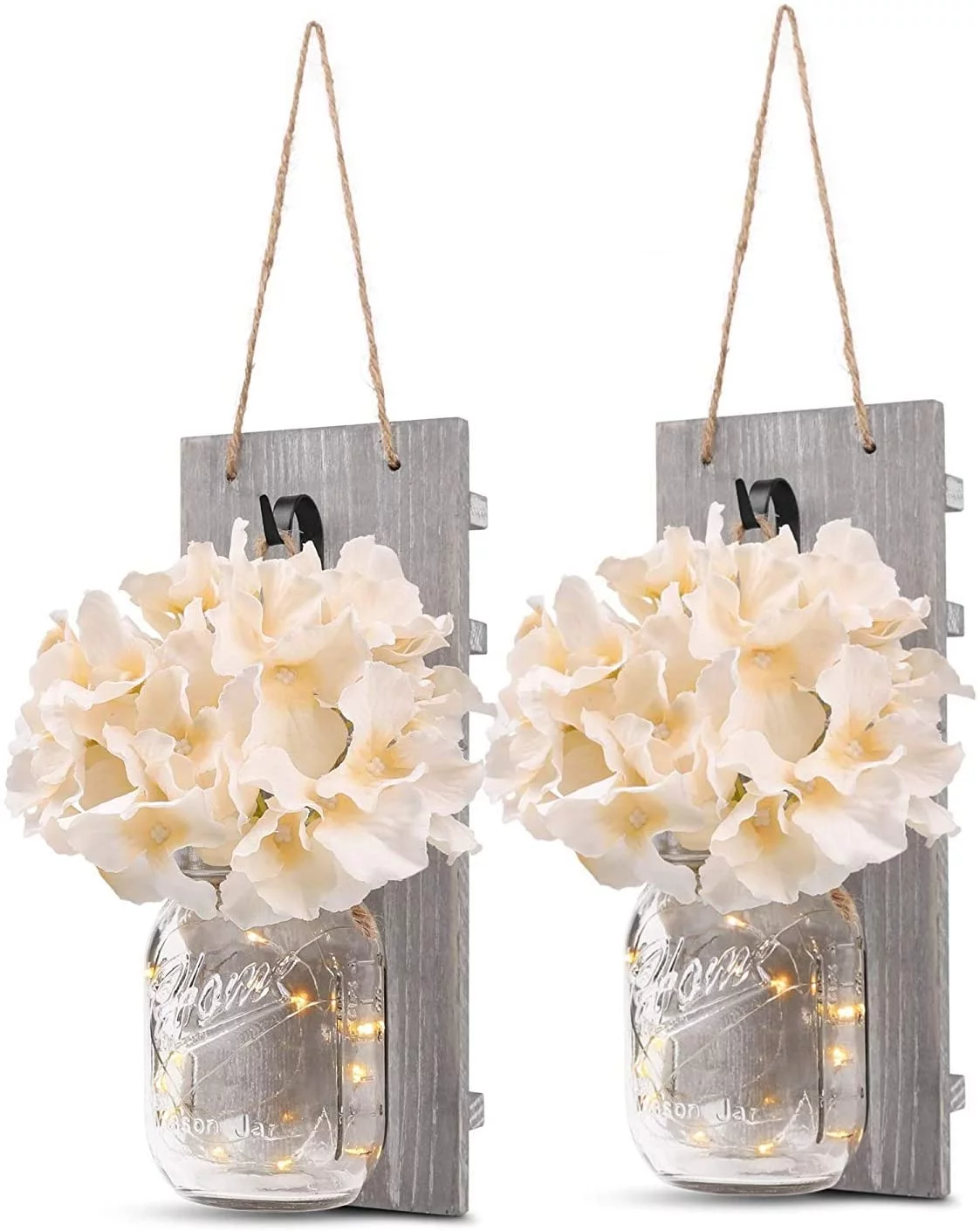 Set of 2 - Rustic Wall Sconces - Mason Jars Sconce with Hooks, LED Fairy Lights with Timer for Home Wall Door Decoration Gift (Grey)