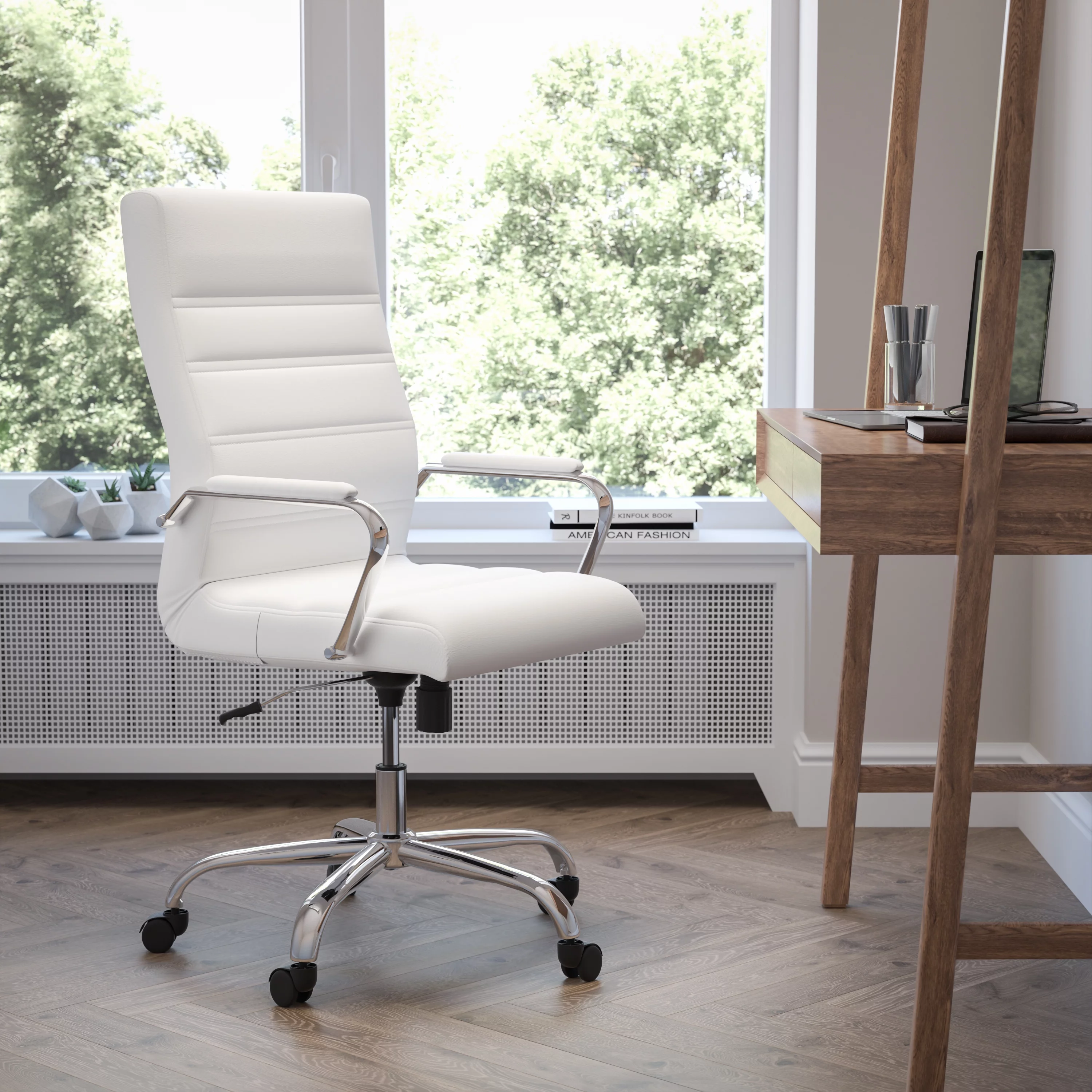 Emma + Oliver High Back White LeatherSoft Executive Swivel Office Chair with Chrome Frame/Arms