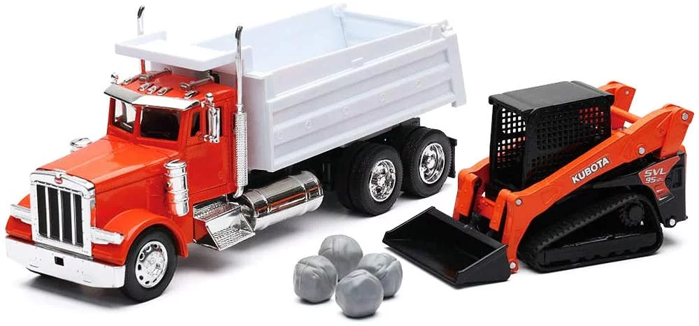 Peterbilt Dump Truck Orange and White and Kubota KX080-4 Excavator Orange and Black with Rocks 1/32 Diecast Model by New Ray