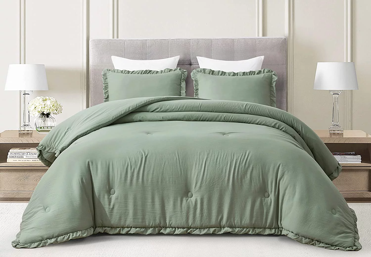 Chezmoi Collection Nora 3-Piece Sage Green Ruffled Edge Trim Microfiber Comforter Set, Oversized King Size