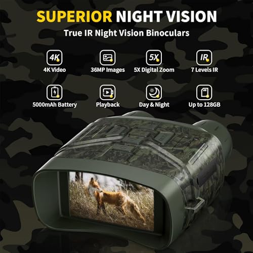 Night Vision Goggles - 4K Night Vision Binoculars with 5000mAh Rechargeable Battery, 32GB TF Card can Save Photo and Video, 3'' HD Screen for Camping & Security, Black