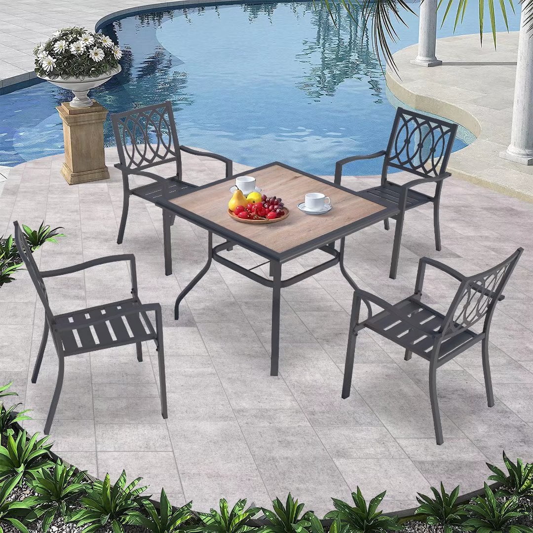 Ulax Furniture 5 Pieces Outdoor Patio Dining Set with 4 Steel Stackable Chairs, Square Wood-Like Table with 1.57