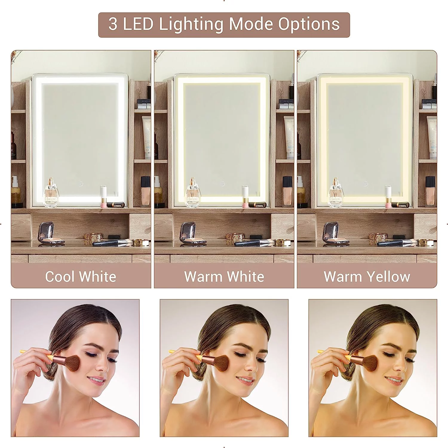 OKD Vanity Set with LED Lighted Mirror and Cushioned Stool, Large Vanity Table Dressing Table Desk with Storage Shelves and 5 Drawers for Bedroom, Natural Oak