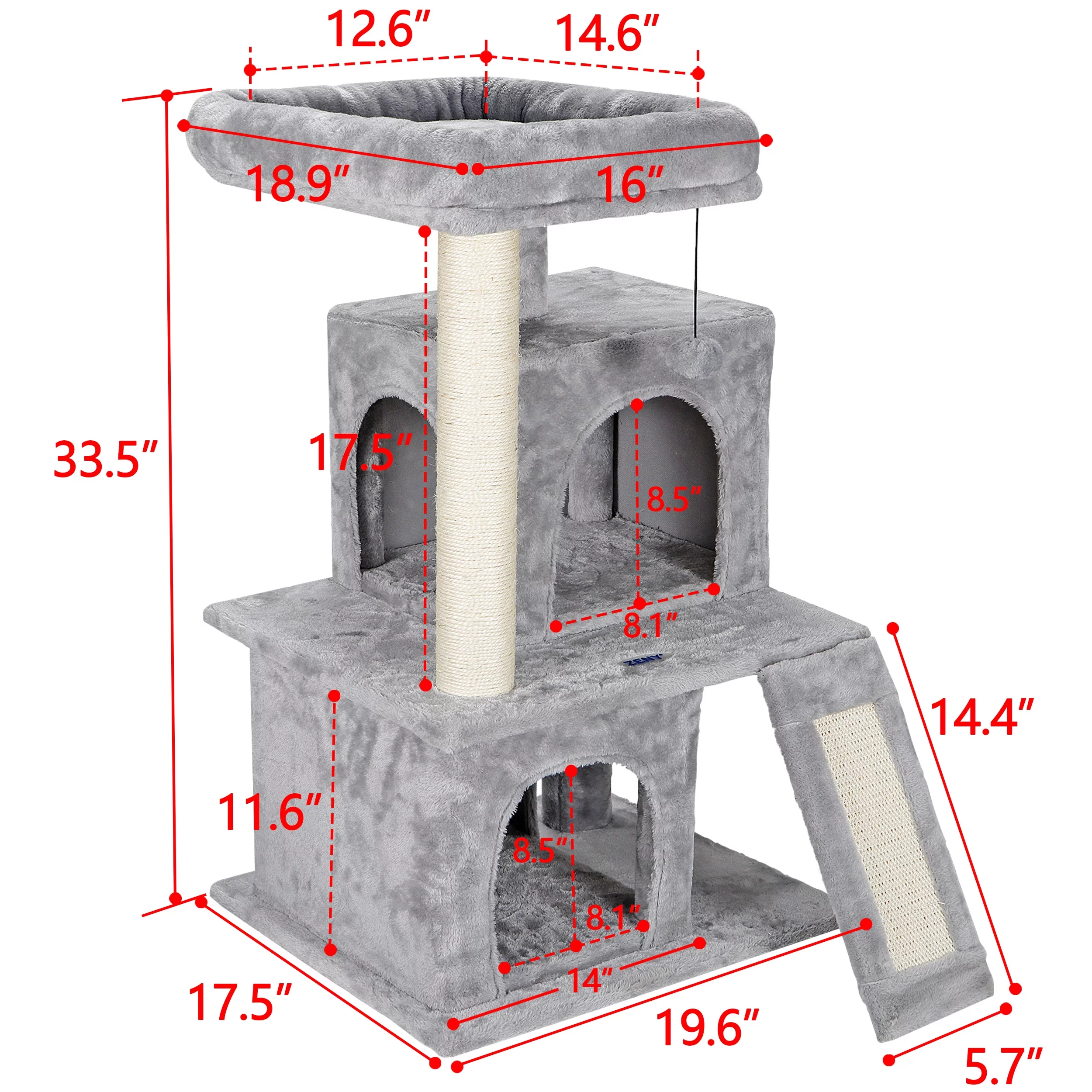 ZENY 34-in Cat Tree & Condo Scratching Post Tower Play House, Gray