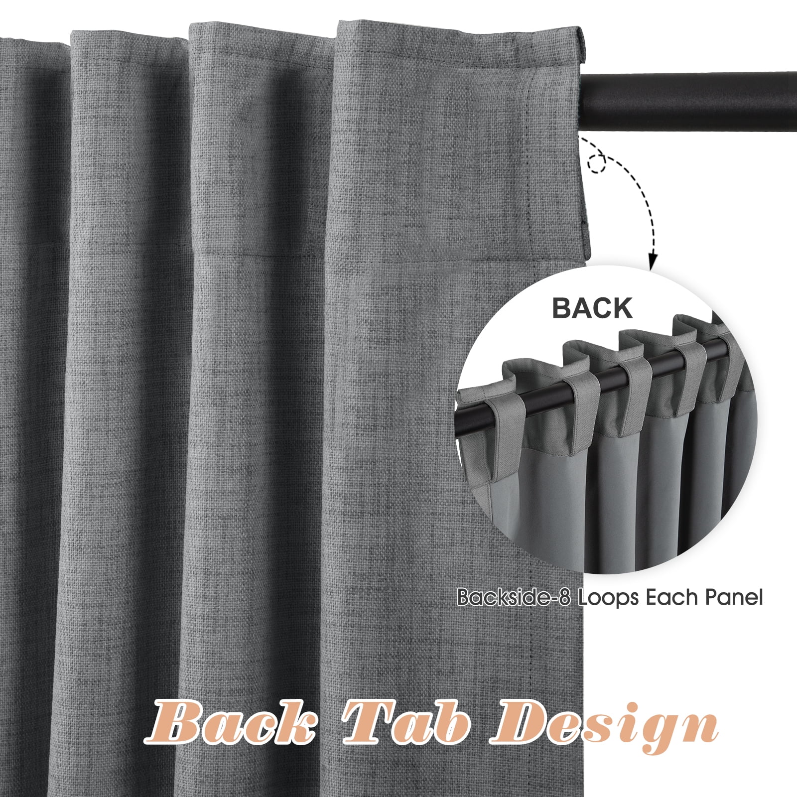 100% Blackout Curtains 2 Panels Set, Machine Washable Linen Textured Blackout drape for Bedroom, Back Tab/Rod Pocket Curtains, DarkGray & W50