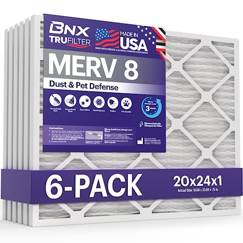 BNX TruFilter 16x20x1 Air Filter MERV 8 (6-Pack) - MADE IN USA – Dust & Pet Defense Electrostatic Pleated Air Conditioner HVAC AC Furnace Filters for Dust, Pet, Mold, Pollen MPR 600 – 700 & FPR 5