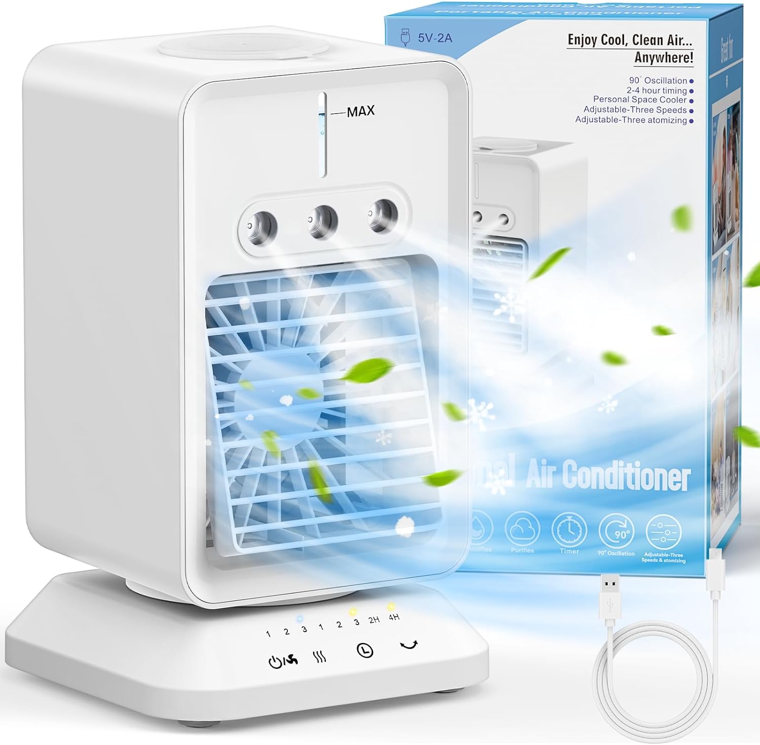 Portable Air Conditioners, USB Operated Cooling Fan with 90° Rotate Base, 4H Timer, 3-Level Mist, 3 Speeds Strong Airflow, 300ml Top Water Tank, Personal Air Conditioner for Room, Office, Desk