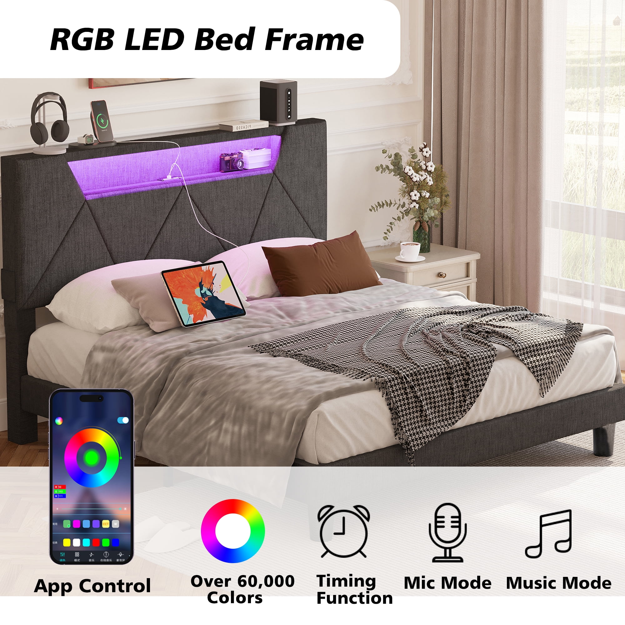 ANCTOR Full Bed Frame with Storage Headboard, Upholstered Platform Bed with Charging Station, Grey