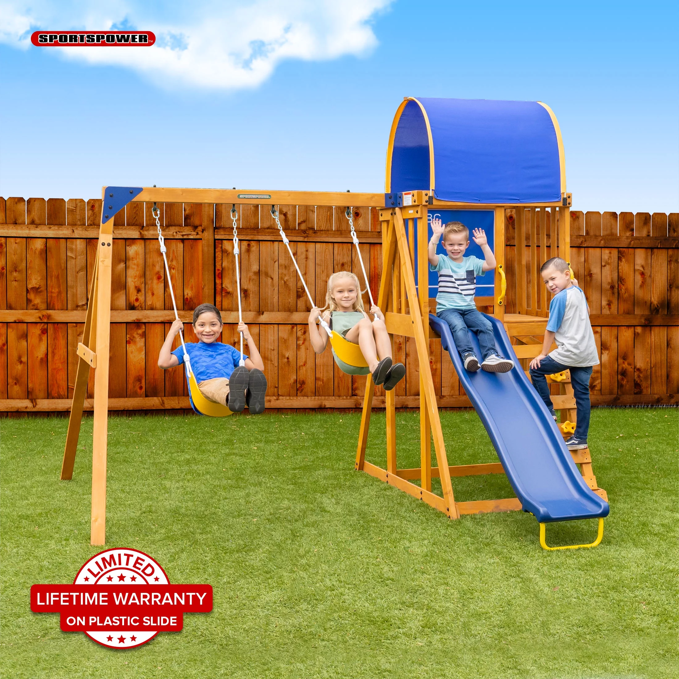 Sportspower Addison Wooden Swing Set with Heavy Duty Double A-Frame and Lifetime Warranty on Blow Molded Slide
