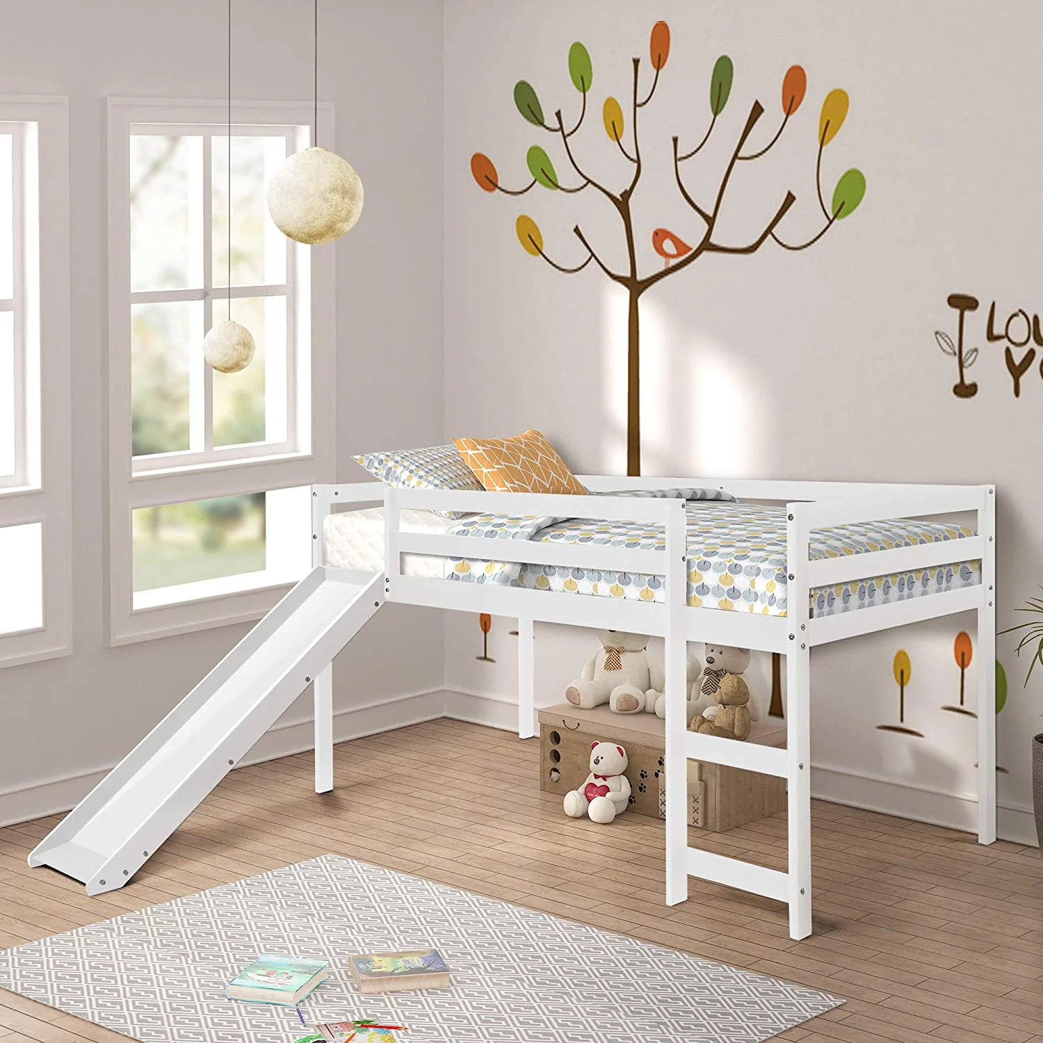 Churanty Wood Loft Bed with Slide for Kids, Low Profile Kids Mini Loft Bed Twin Size with Ladder，White