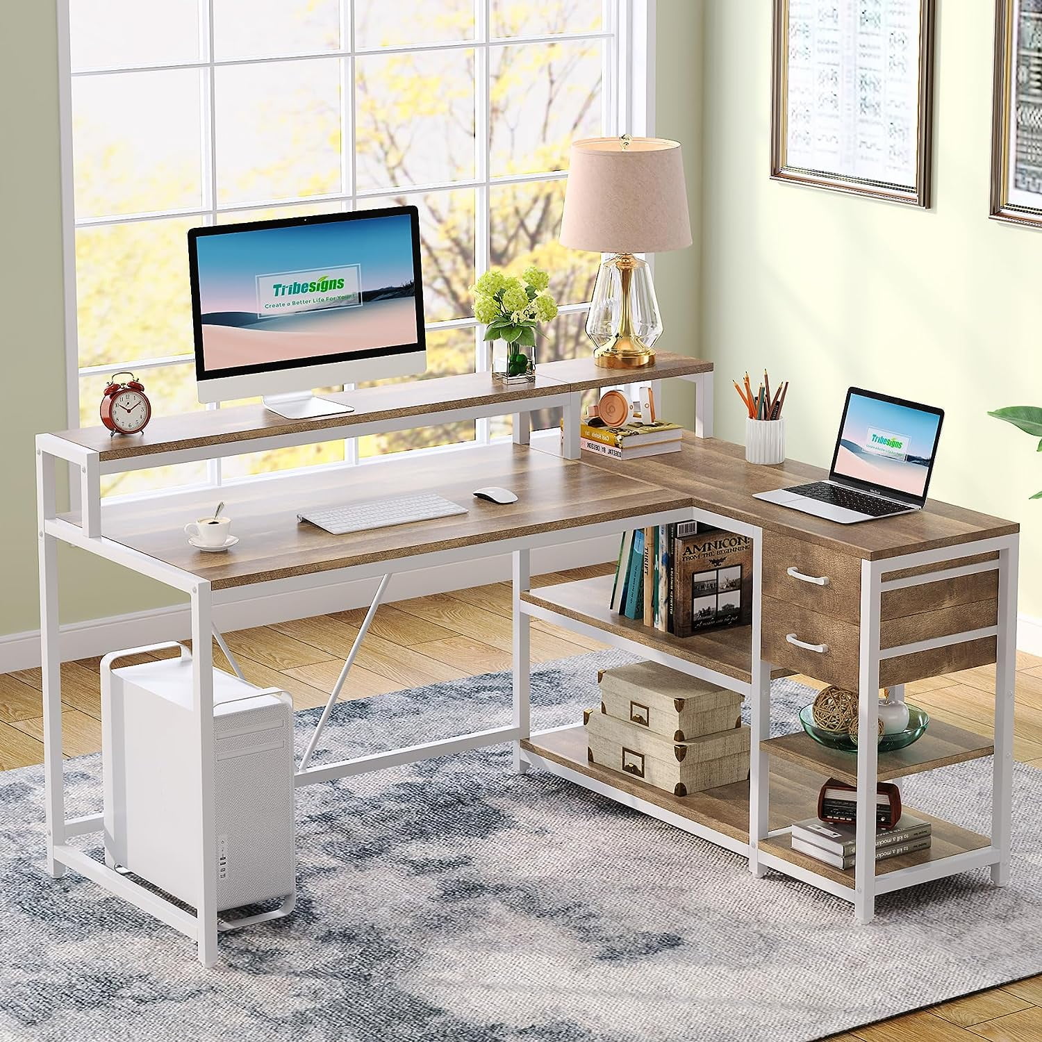 Tribesigns L Shaped Desk with Drawer, Corner Desk Home Office Table with Storage Shelves and Monitor Stand, Rustic Wooden and Metal PC Desk for Small Space