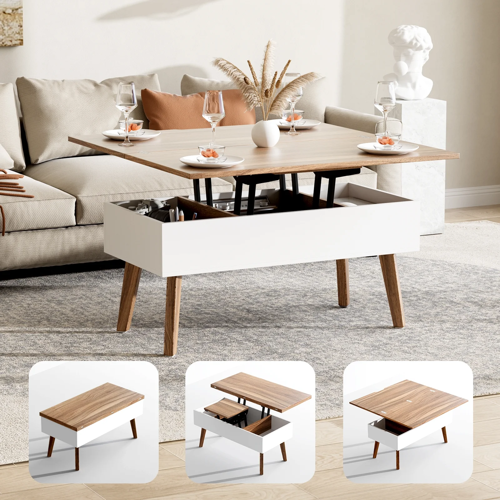 Bidiso 3 in 1 Lift Top Coffee Table, Ten Minutes Install Multifunction Coffee Table, Coffee Table Converts to Dining Table, Lift Top Dining Table Work Desk with Storage,Walnut