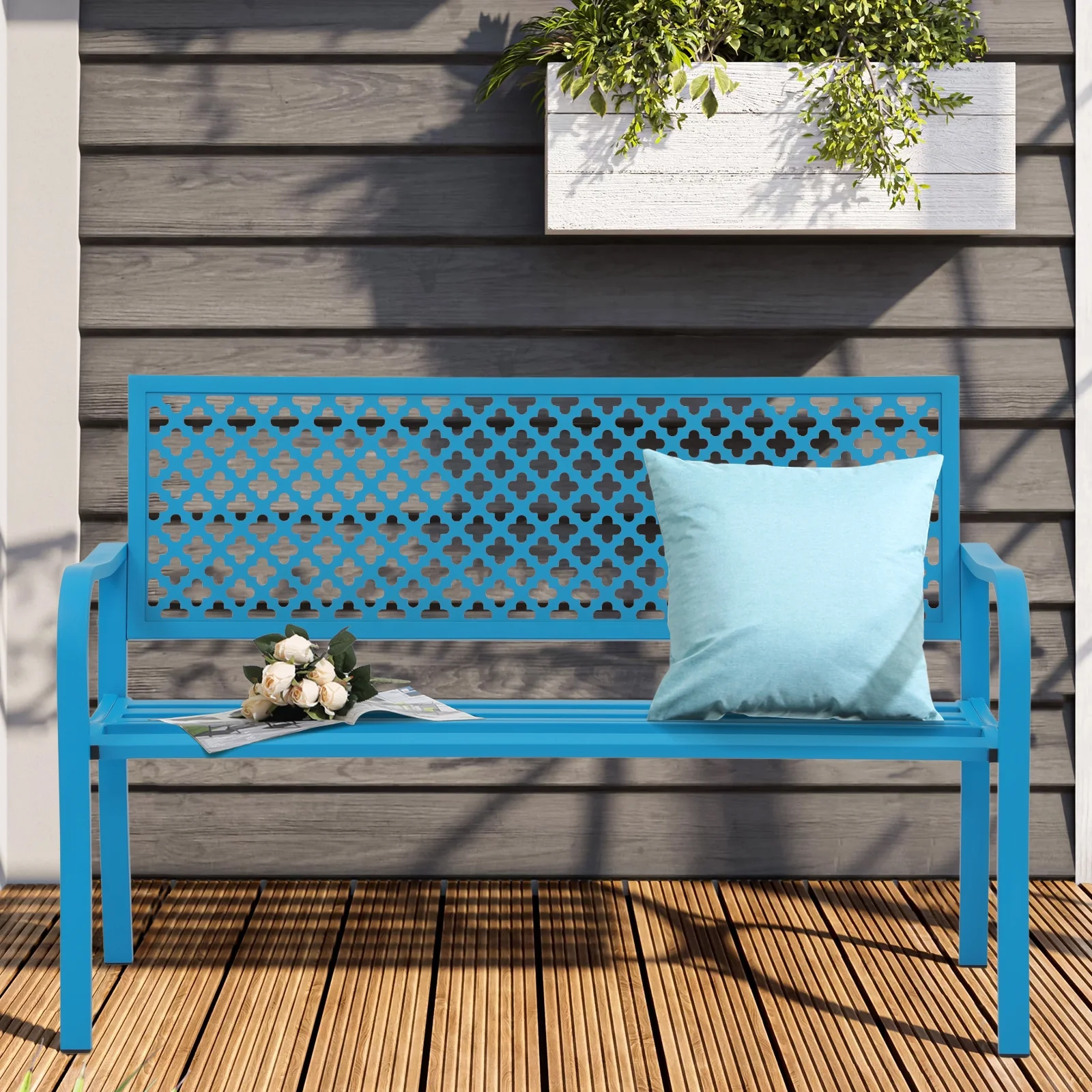 COBANA Outdoor Garden Bench, 50in Patio Metal Porch Bench with Armrest for Lawn, Backyard, Entryway, Blue