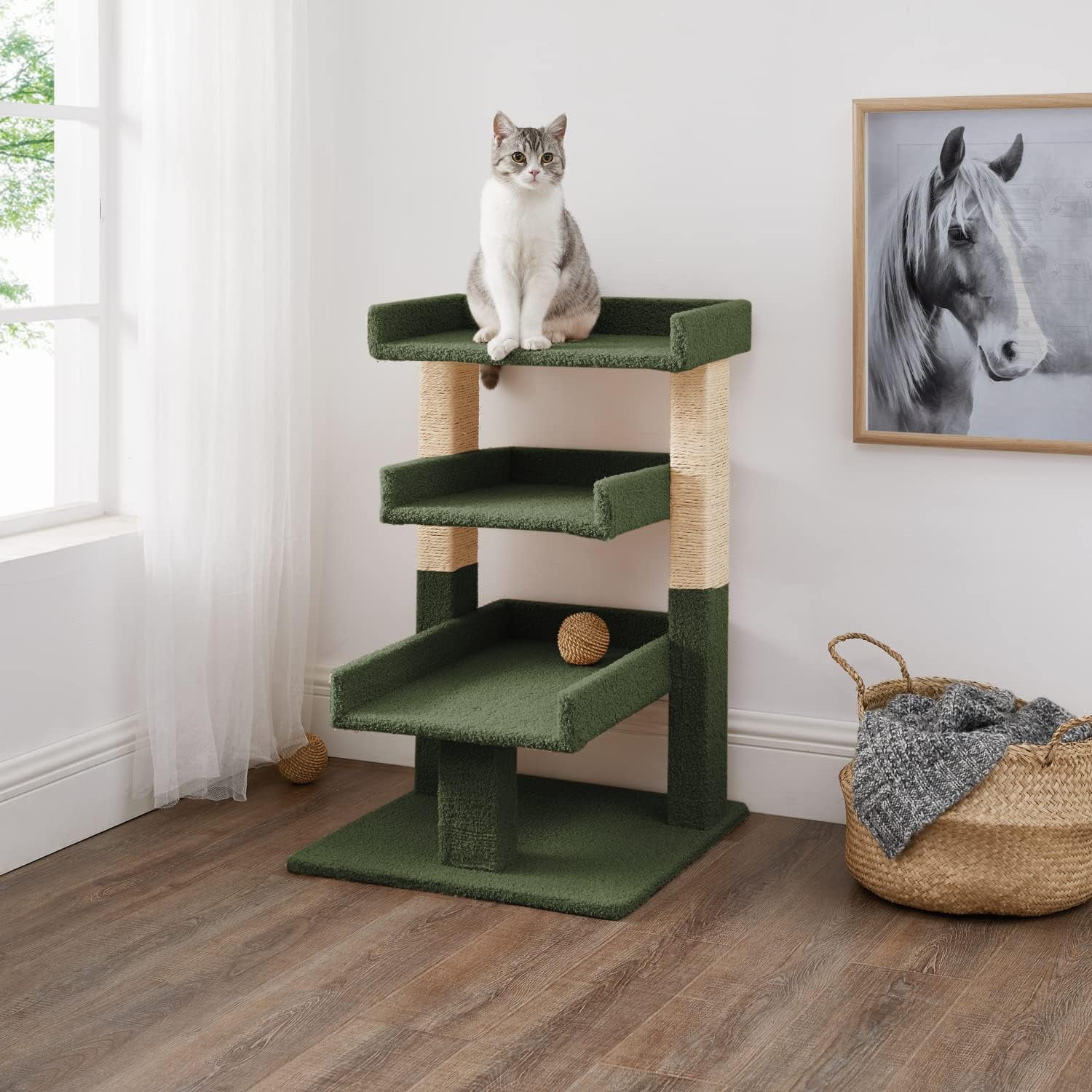 Naomi Home Nala Cat Tree for Large Cats, Cat Activity with Scratching Post, Cat Tower for Large Cats, 3Level Cat Play Perch, Cat Climbing Tower, Cat Tree for Indoor Cats, Multi-Level Cat Condos- Green