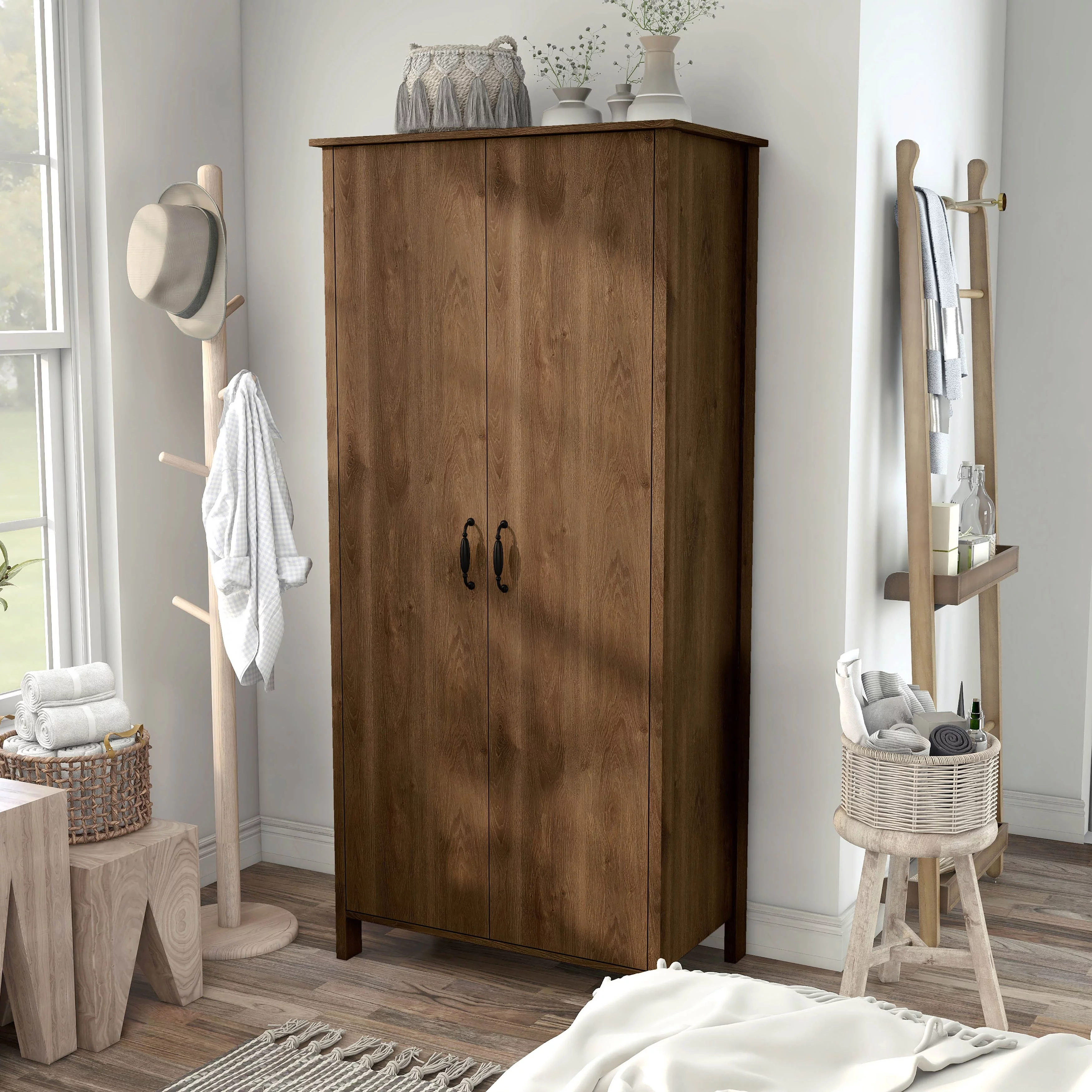 Denhour DH BASIC Rustic Distressed Walnut Double-door Wardrobe Closet with Shelves by