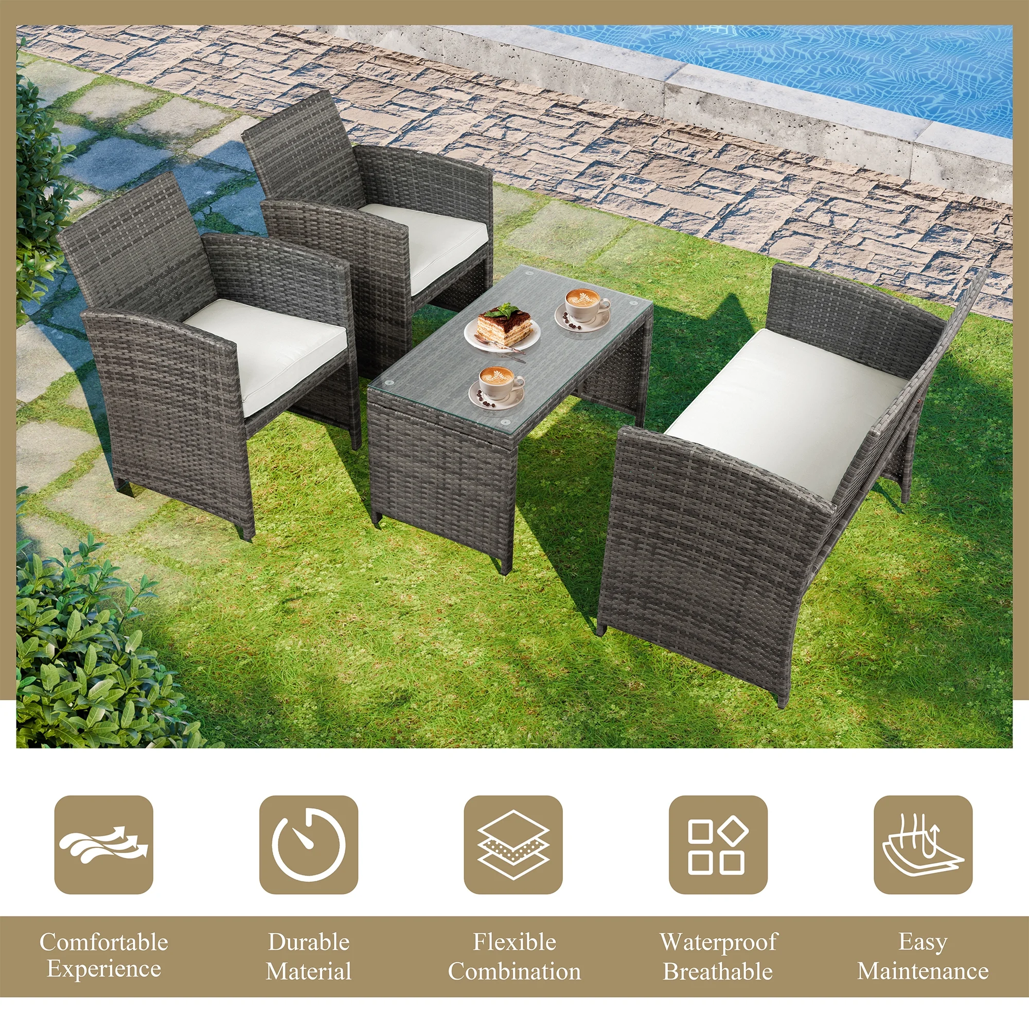 Walsunny 4 Piece Patio Ratten Set Outdoor Furniture Set Wicker Conversation Set with Cushions and Tempered Glass Tabletop