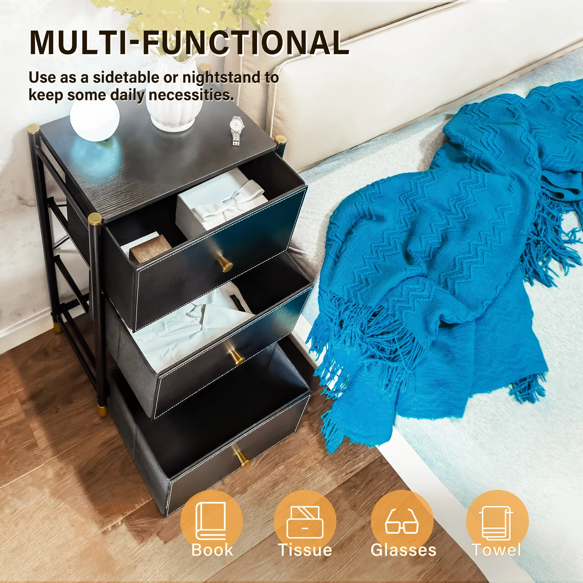 Bigroof 3 Drawer Dresser for Bedroom Chest of Drawers Storage Tower Organizer Unit with Fabric Bin Endtable Steel Frame, Wood Top for Nursery, Closets, Hallway Black