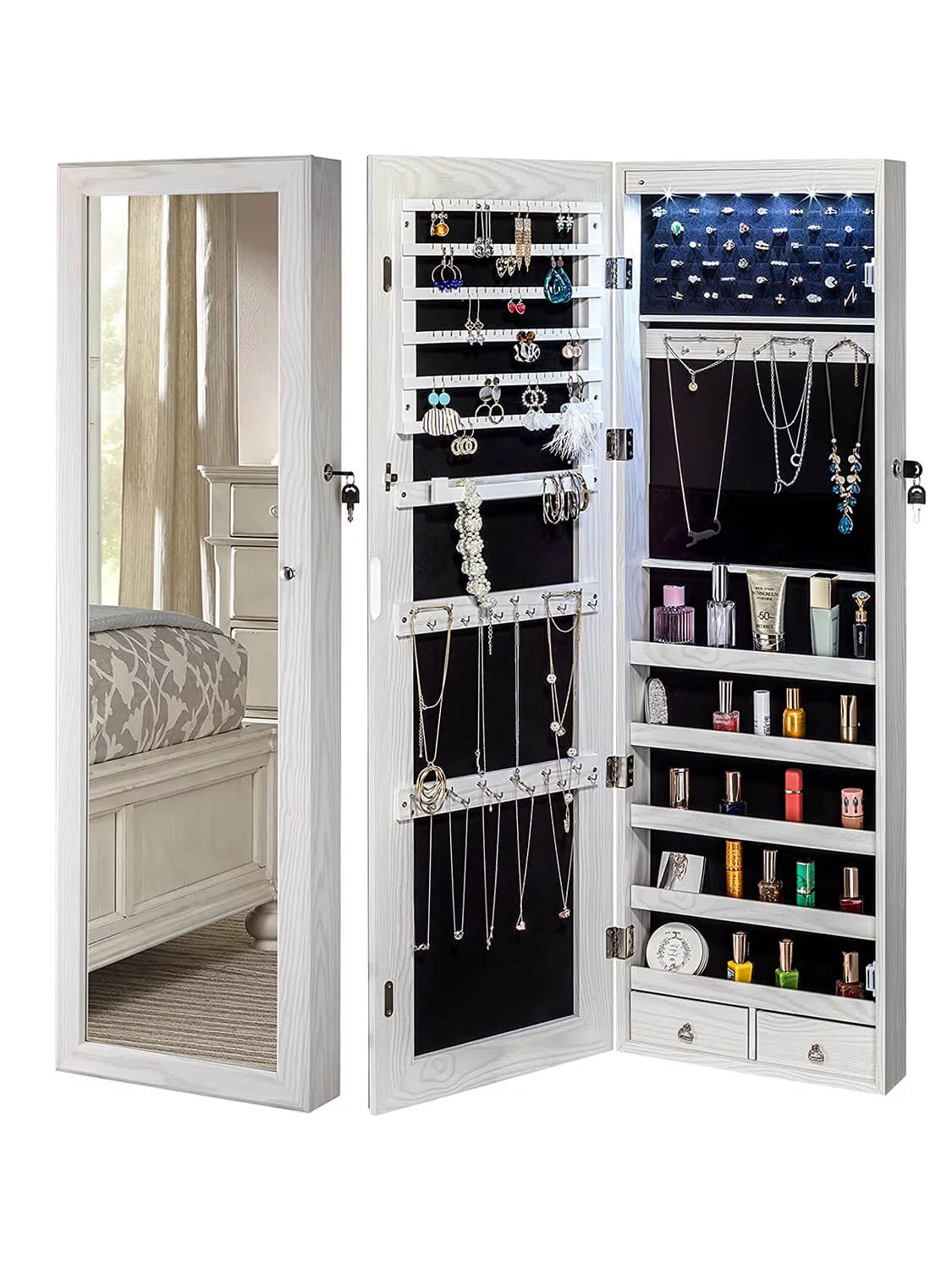 Yokukina Wall-Mounted Jewelry Cabinet with Frameless Full-Length and LED Lights White