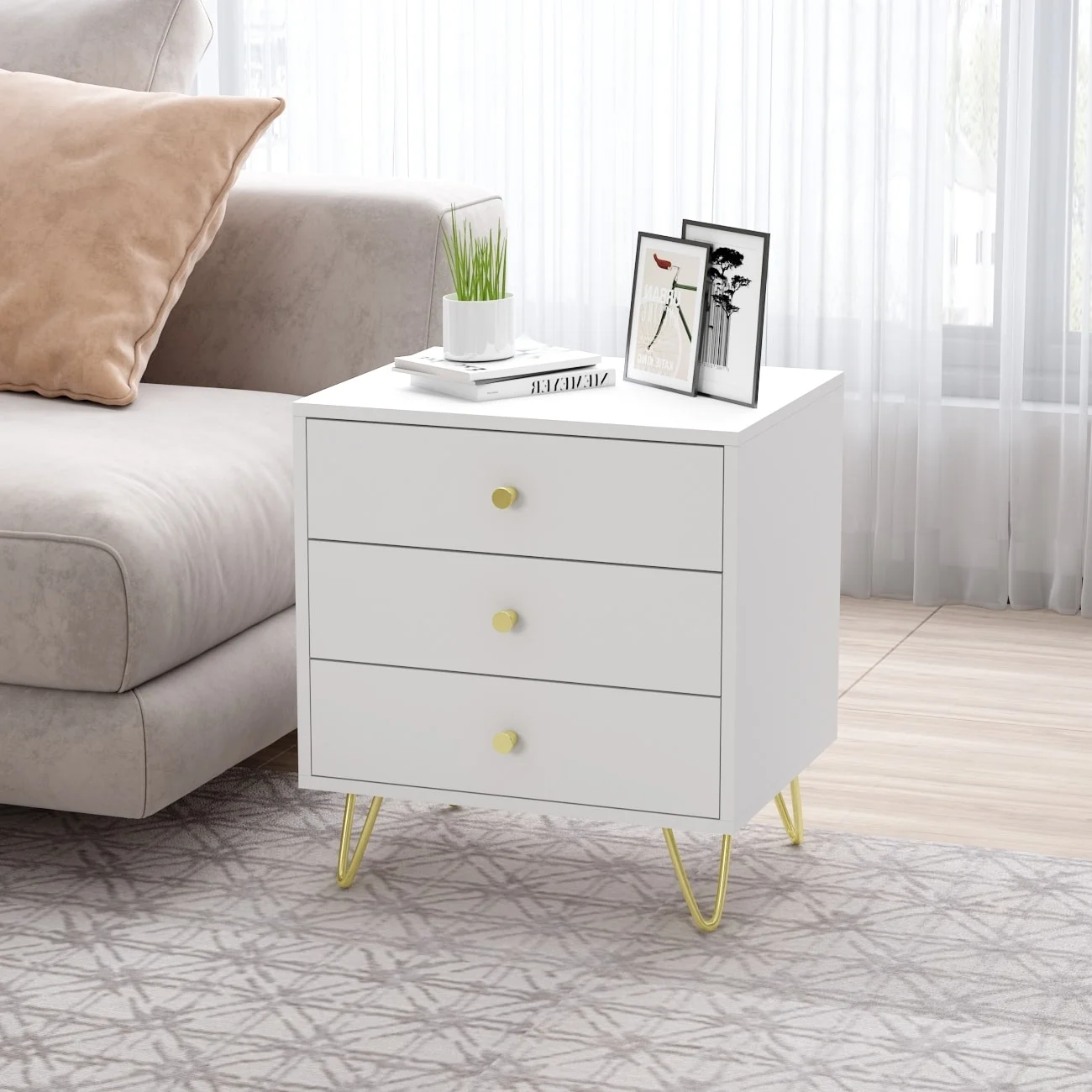 TMEKEEPER INC-FC Timechee Nightstand Bedside Table Wood 3-Drawer with Metal Leg, White
