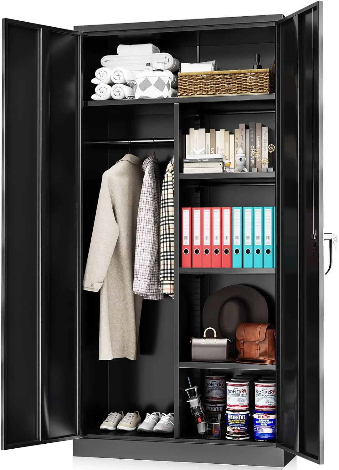 HOOMHIBIU Metal  Cabinets Locker with Locking Door  72'' Clothing Coat Steel Wardrobe Cabinet with Lock and Shelves for Office  Home  Garage  Employee  Freestanding (Black)