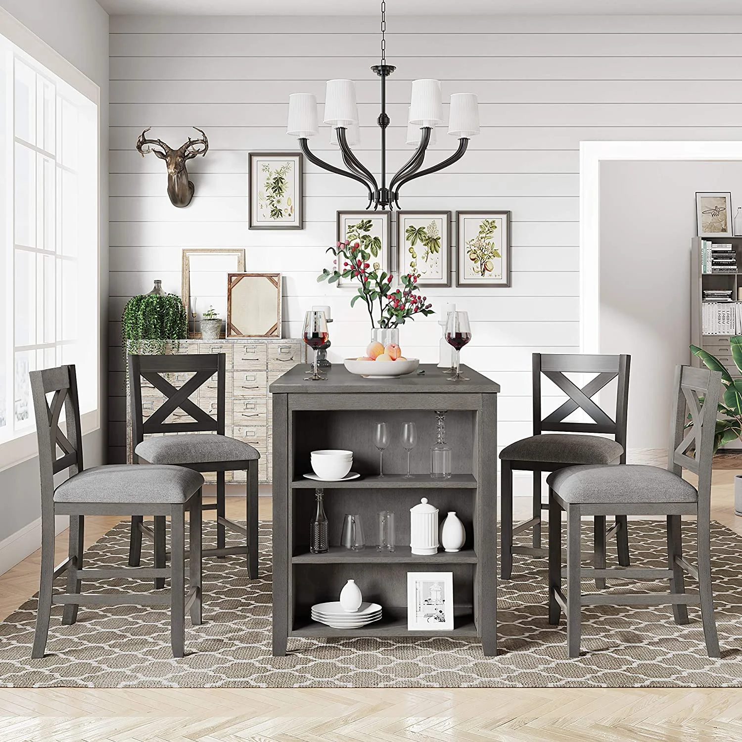 sell well Farmhouse Dining Room Table Set  5 Pieces Counter Height Wooden Bar Table Set with 3-Tier Storage  4 Chairs  Compact Pub Table Set for Small Kitchen Room (Gray/Rustic+4)