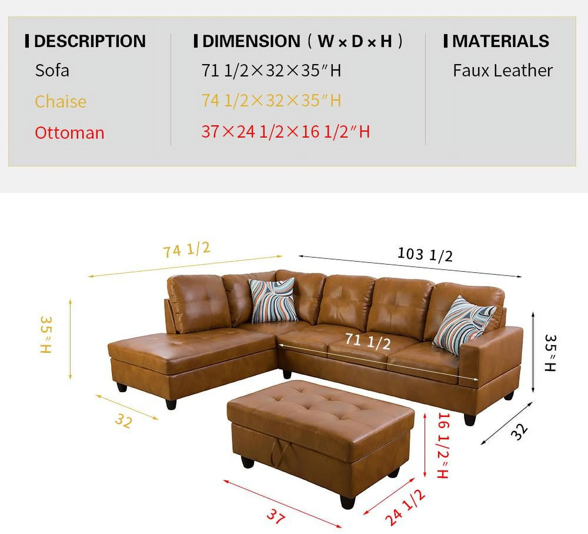 PonLiving Furniture Caramel 103.5'' Sectional Sofa with Storage Ottoman, Right & Left Hand Facing, Leather Upholstered