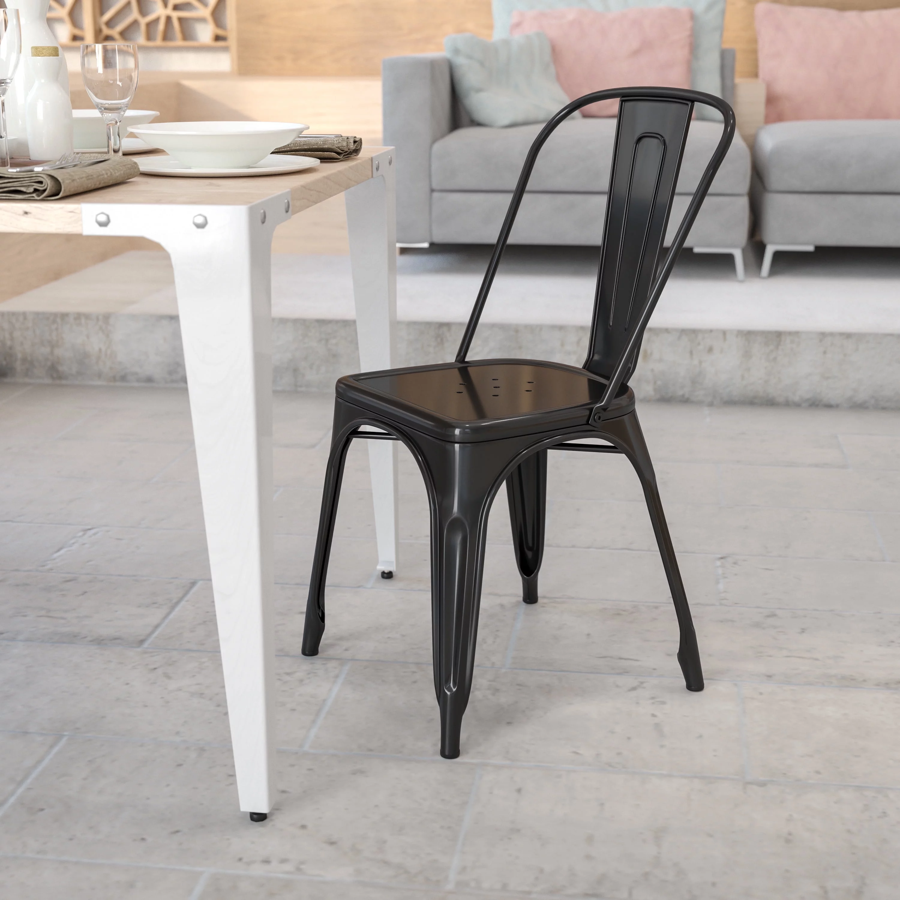 Emma + Oliver Commercial Grade Black Metal Indoor-Outdoor Stackable Chair