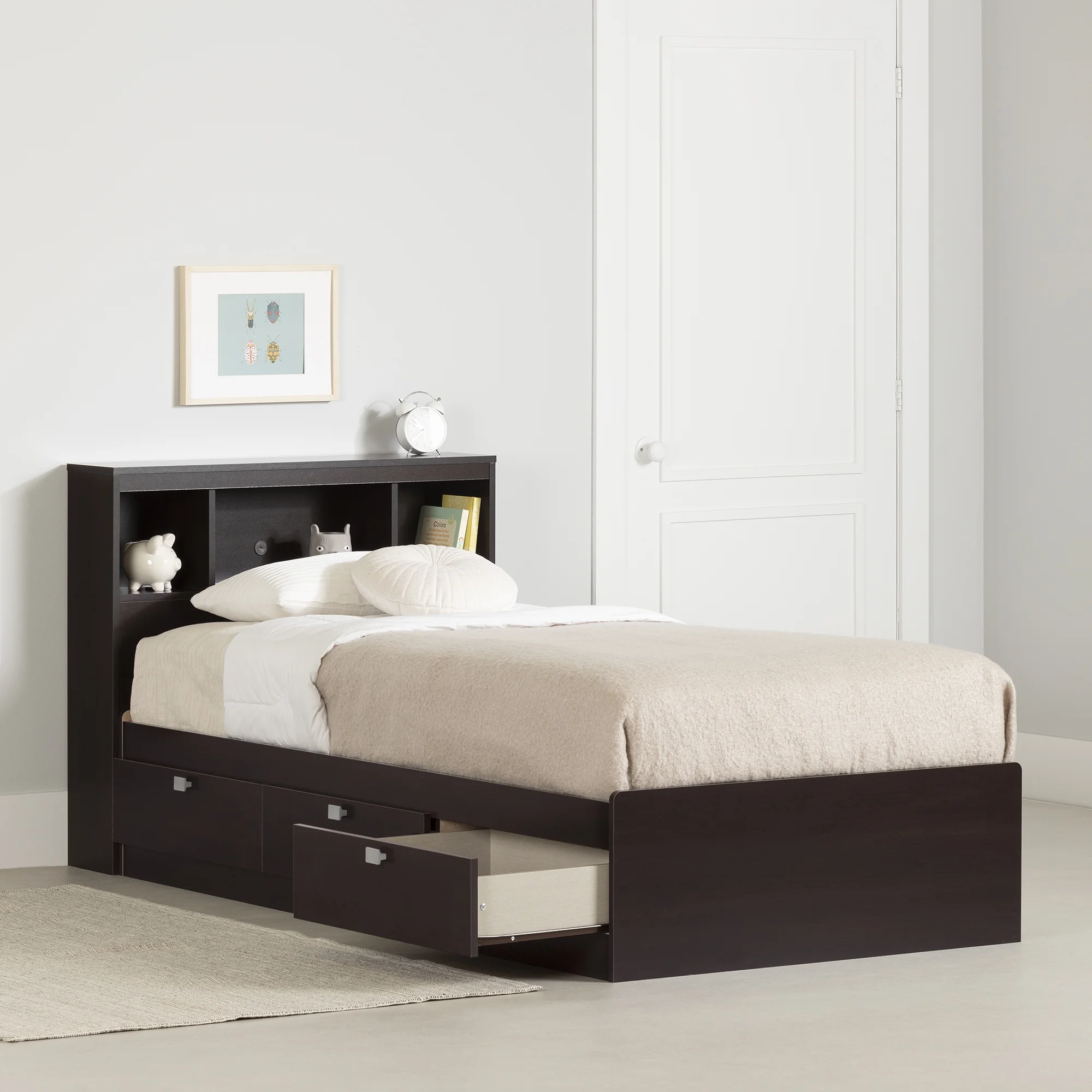 South Shore Spark 3-Drawer Storage Bed, Twin, Chocolate, with Bookcase Headboard