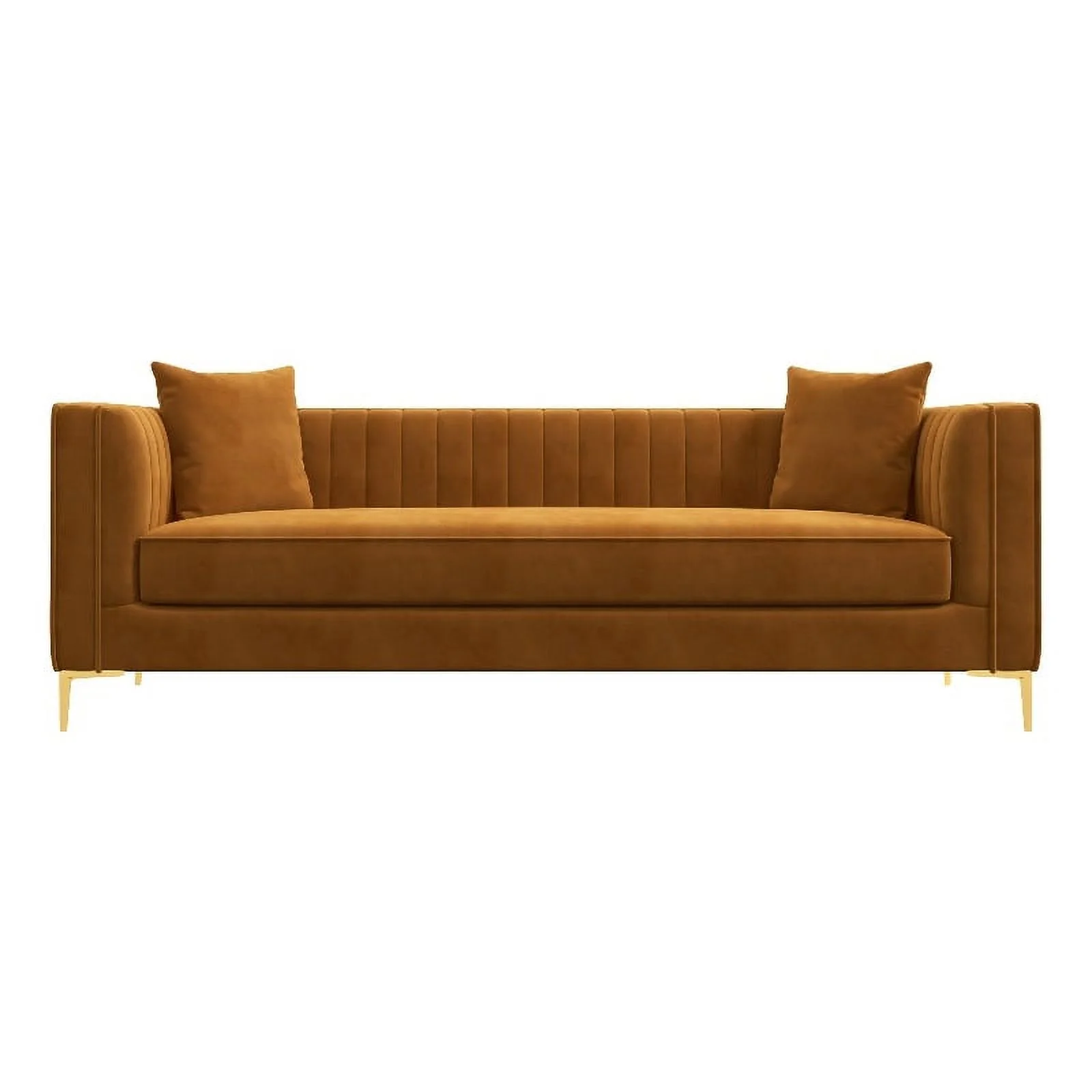 Kali Mid Century Modern Style Velvet Square Arm Living Room Couch in Cognac Tan