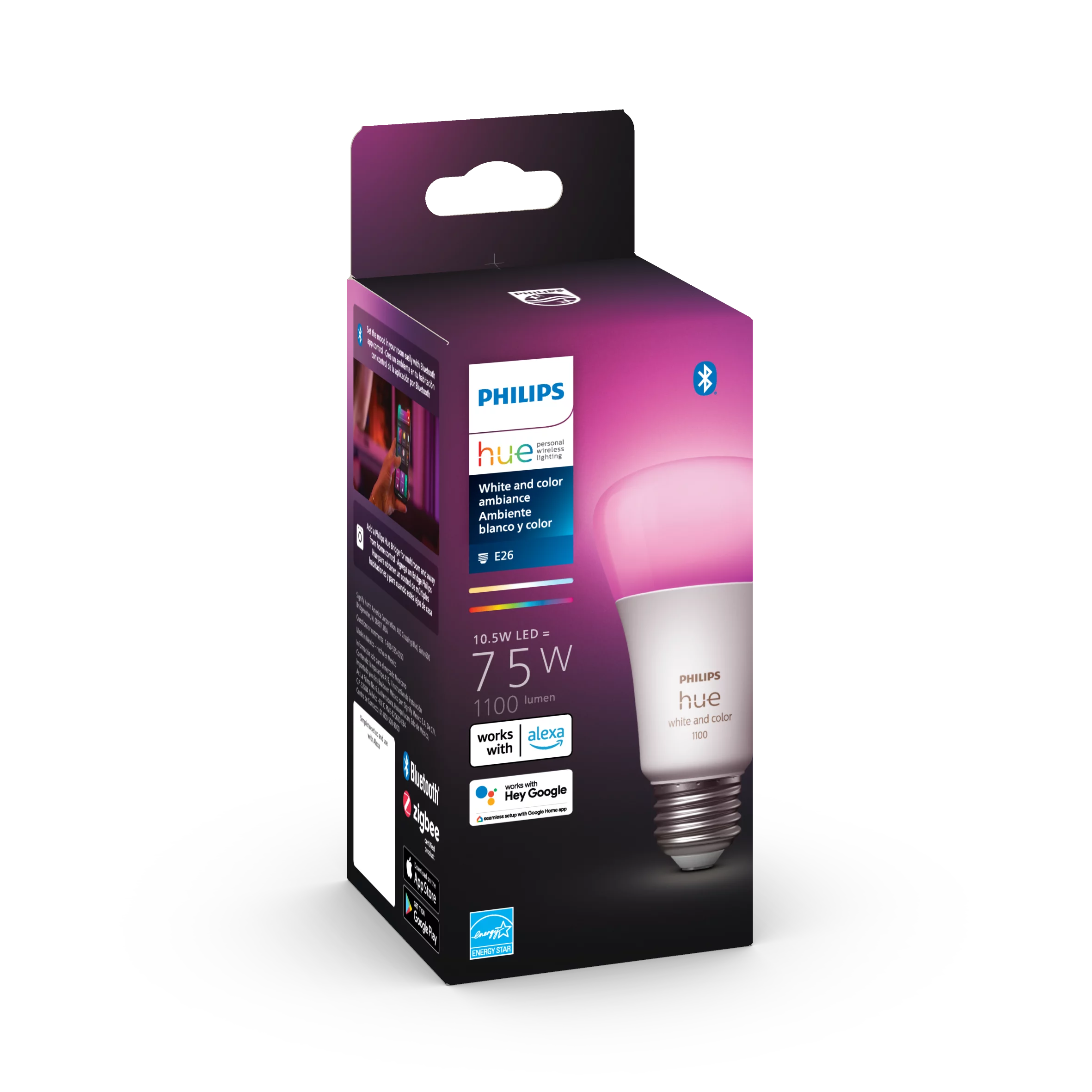 Philips Hue White and Color Ambiance A19 E26 Medium Base Smart Bulb 1 Pack, White