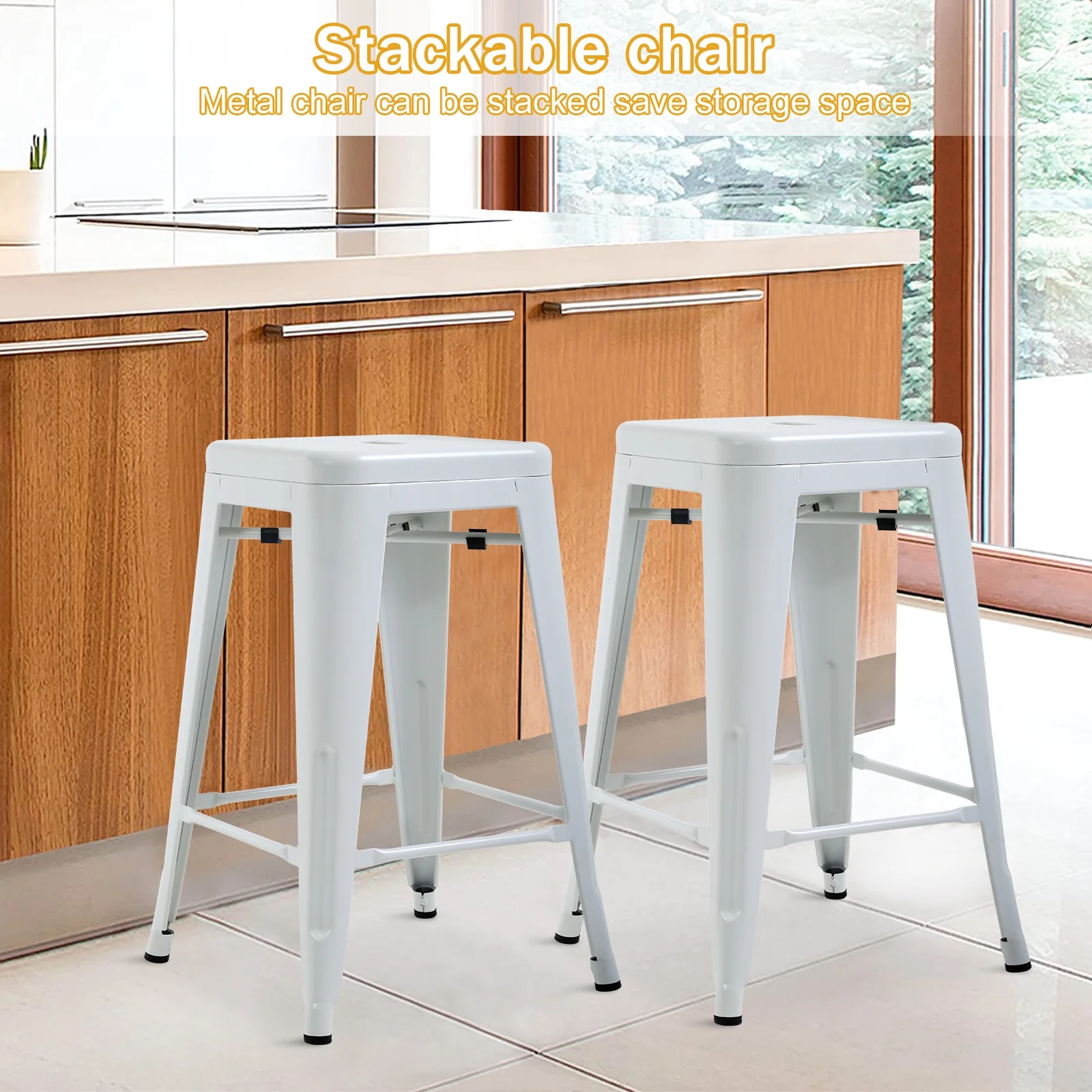 Metal Bar Stools Set of 4, Counter Height Stackable Barstools, 24 inch Indoor Outdoor Backless Patio Bar Stool Kitchen Dining Stool, 330Lbs WHITE