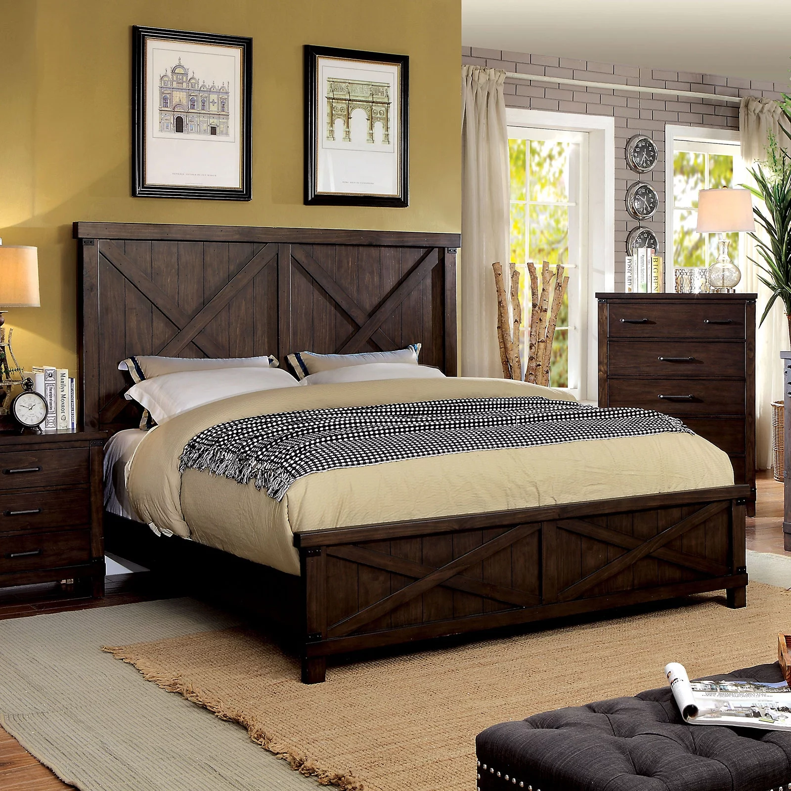 Rustic Style Dark Walnut Transitional Bedroom Furniture 1pc Bed Plank Style HB FB Eastern King Size Bed Solid Wood