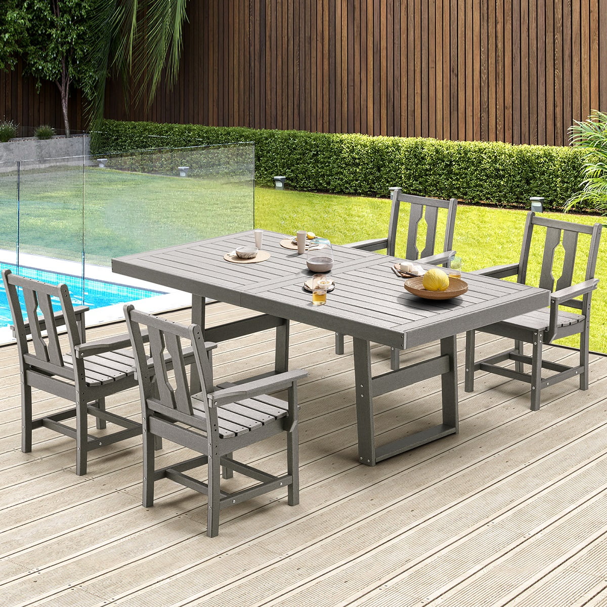 Yoleny 5 Piece Patio Dining Set, Patio Table with 4 Armchairs, Patio Furniture Sets Made of HDPE material and Metal Frame Reinforcement for Backyard, Porch, Lawn, Party, and Garden, Gray