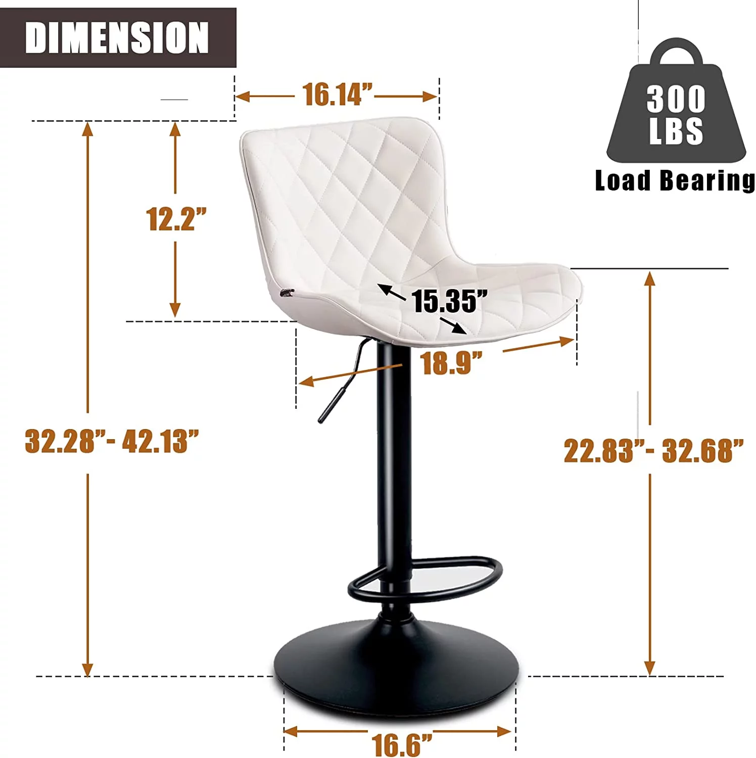 YOUNIKE Bar Stools Set of 2 Adjustable PU Leather Counter Stools with Diamond Lattice Texture Backrest, White