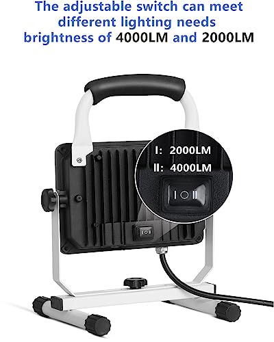 UFOND 6000 Lumen LED Work Light with Stand,60W Waterproof Flood Light, Brightness Switch Adjustable,Super Bright Portable Job Site Worklight with Power Cord for Garage Workshop Car,Outdoor Lighting
