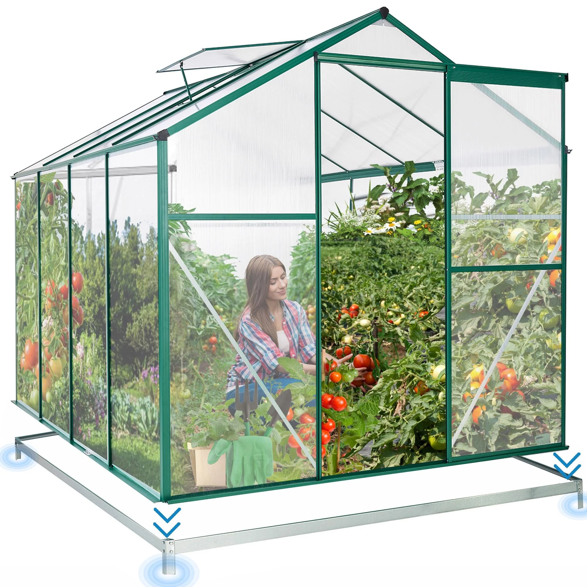 Outdoor Greenhouse Kit, Seizeen Polycarbonate Walk in Green house w/Aluminum Farm, Heavy Duty Garden Greenhouse with Window & Sliding Door, 8x6FT Large Size