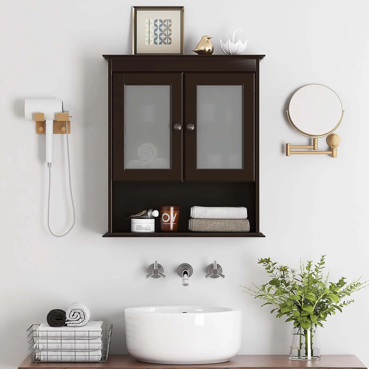 Spirich Bathroom Wall Cabinet with Glass Doors, Small Hanging Medicine Cabinet Wall Mounted, Wood Wall Storage Organizer Space Saver, Espresso