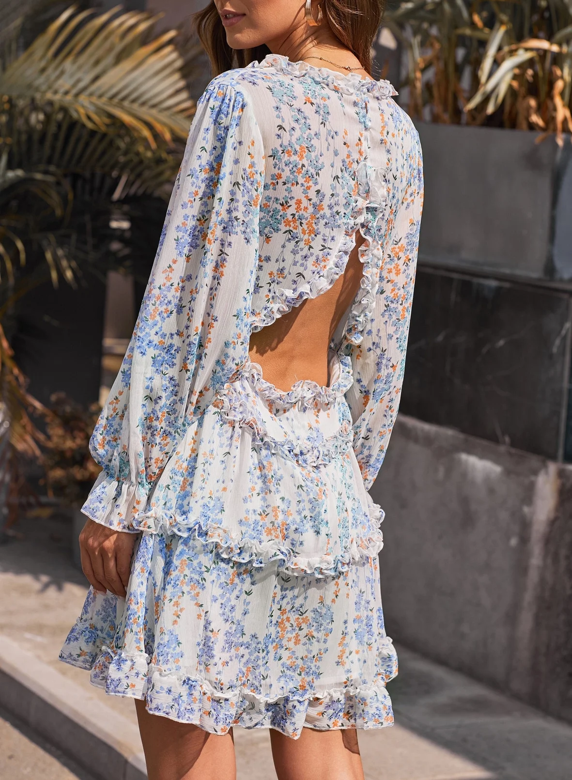 EVALESS Womens Floral Print Ruffle Wedding Dresses Long Sleeve Backless Mini Dress White Size L