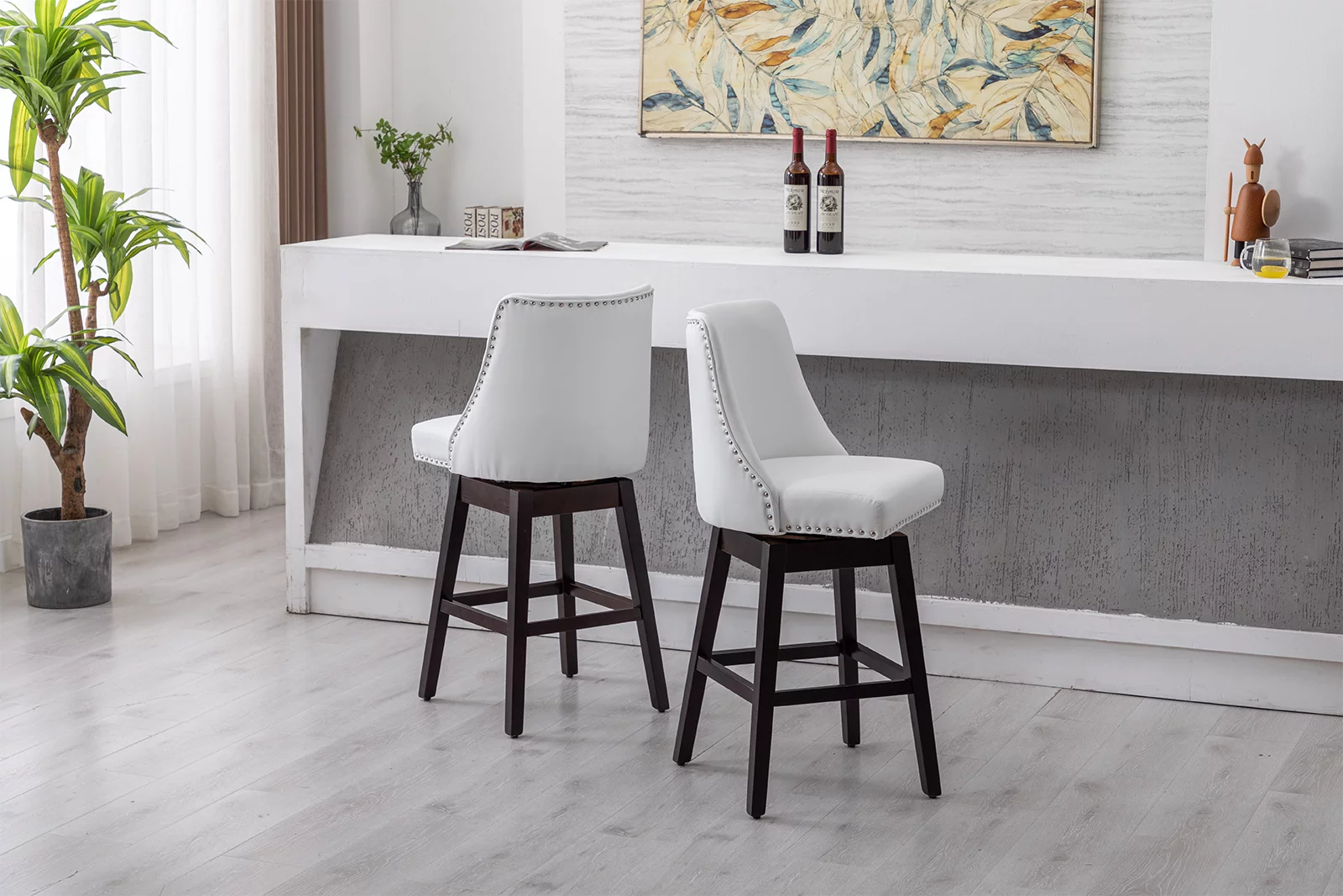 Guyou 27.5 Inch Swivel Bar Stool Set of 2, Nailhead Trim Faux Leather Upholstered Counter Height Chair with Backrest and Wooden Legs for Kitchen Island Bistro Restaurant, White