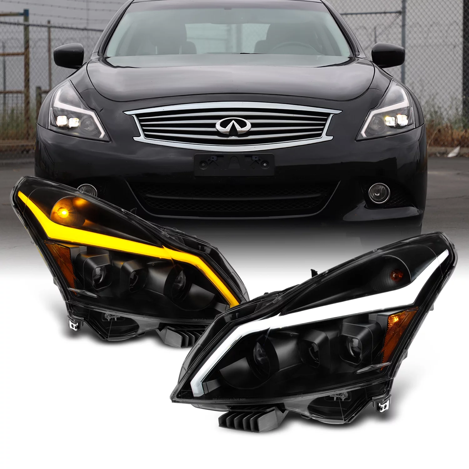 AKKON - For 2010-2013 G37/G25 2015 Q40 Sedan Black Smoked LED Sequential LED Signal Tube Projector Headlights