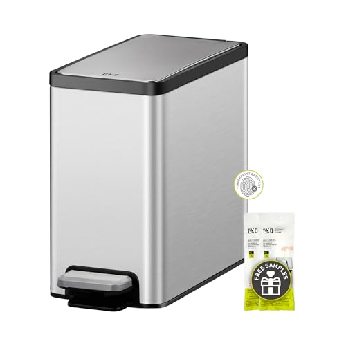 EKO Slim Small Bathroom Trash Can with Lid, Stainless Steel Kitchen Garbage Can with Removable Inner Bucket, 6L / 1.6 Gal 2 Pack Step On Trash Can Combo