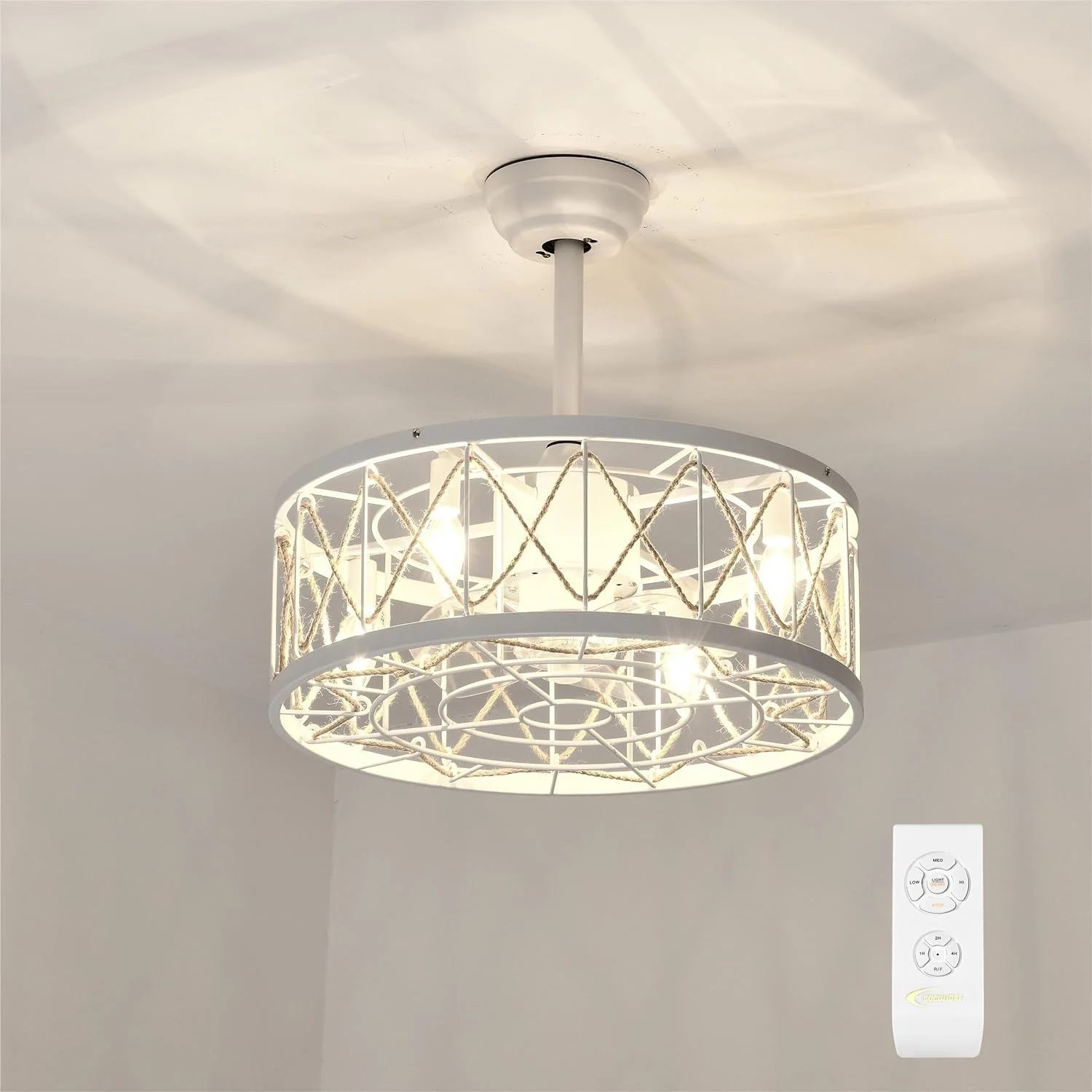 IKIFLY Bedroom Ceiling Fan Remote Control, Modern Enclosed Ceiling Fan with Lights, 5 Dual Blades, Reversible Airflow, Caged Ceiling Fan With Hemp Rope Design for Living Room, Kitchen(White)
